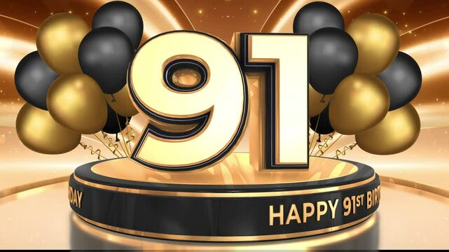 91 years, 91st birthday loop, looped video background, backdrop in 3D Gold with balloons

