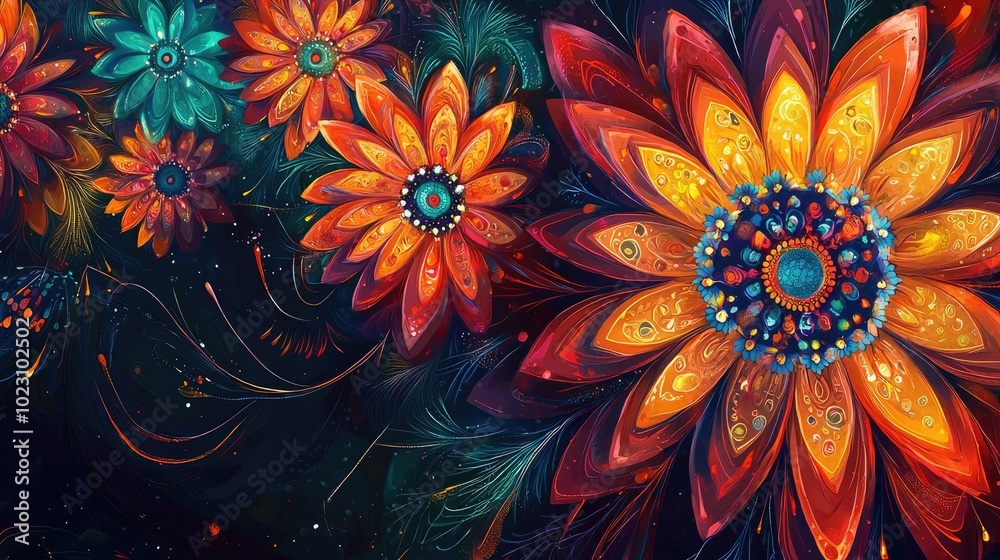 Poster vibrant abstract flowers bloom with intricate patterns and rich colors, creating a stunning visual e