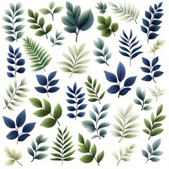 Fototapeta premium A vibrant collection of various leaf patterns showcasing nature's beauty in shades of green and blue.