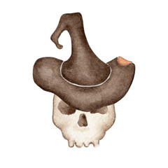 Skull and Hat. Halloween watercolor illustration of a skull in a witches' hat. Use for wallpaper, banner, textile, postcard or wrapping paper