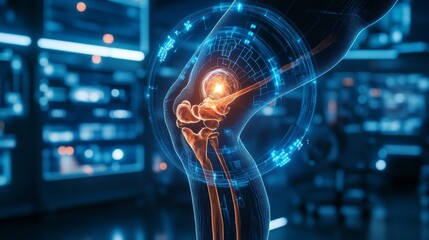 A futuristic medical scan highlights a knee skeleton injury, glowing neon blue holograms encircle it, advanced healing tech in a sleek sci-fi lab