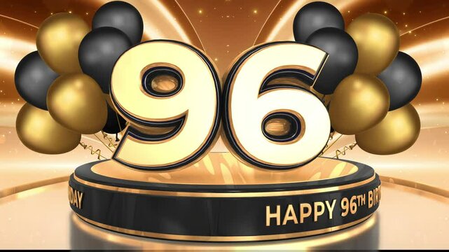 96 years, 96th birthday loop, looped video background, backdrop in 3D Gold with balloons
