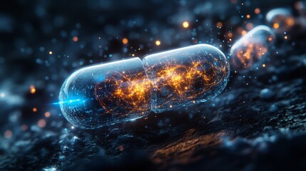 A futuristic pill breaks open, emitting radiant particles that spiral into intricate holograms, symbolizing the future of advanced healing technology