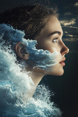Obraz premium young womanâ€™s profile merges with crashing ocean waves, creating surreal and captivating image. contrast of her serene expression against dynamic waves evokes sense of harmony and power