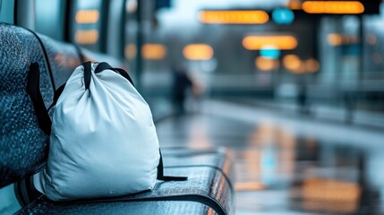 Obraz premium A solitary white bag rests on a bench in a deserted train station, with blurred lights in the background reflecting a quiet and contemplative mood.