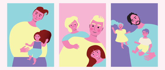 Diverse fathers with children as a fun family and leisure concept, premium flat vector stock illustration