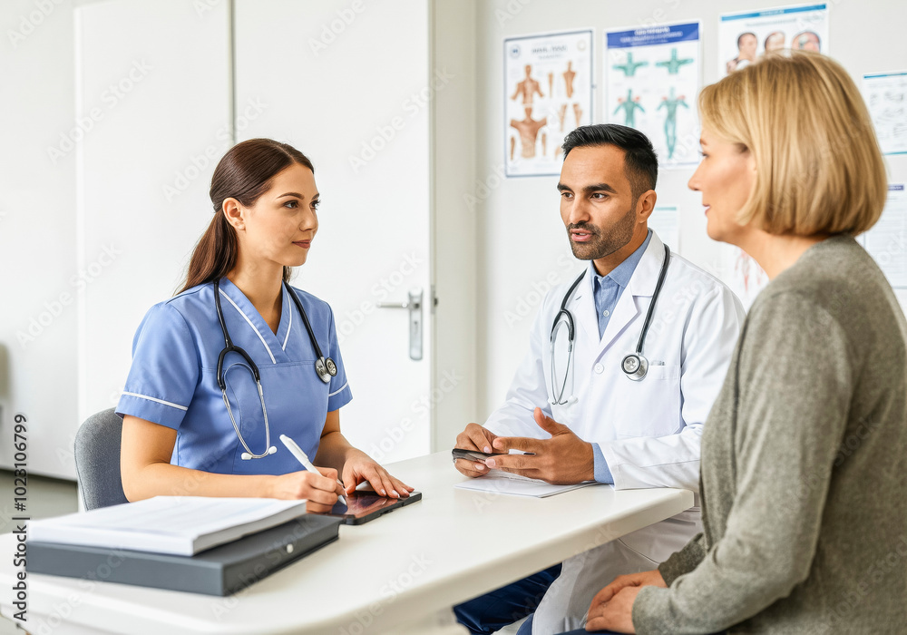 Wall mural doctor and nurse consulting female patient in modern medical office