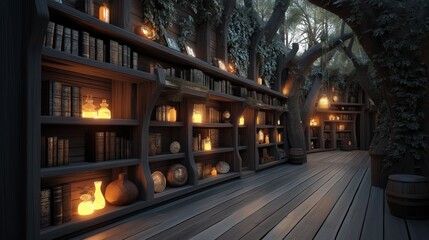Enchanting library with wooden shelves, filled with old books and illuminated by glowing lanterns. The library is integrated with large tree trunks and covered in lush green foliage.