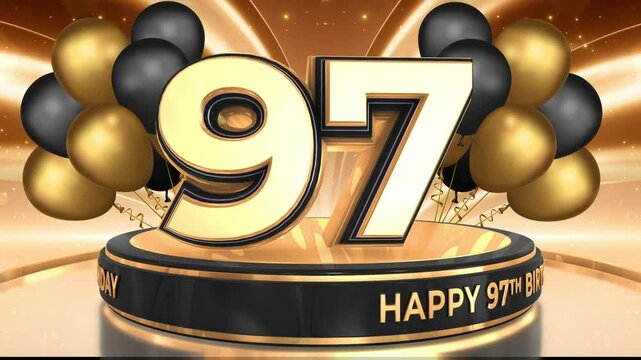 97 years, 97th birthday loop, looped video background, backdrop in 3D Gold with balloons

