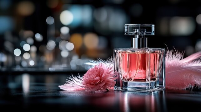 A chic clear glass perfume bottle with pink liquid, set among lush pink petals and soft lighting, creating a sensual and luxurious ambiance, perfect for lifestyle imagery.