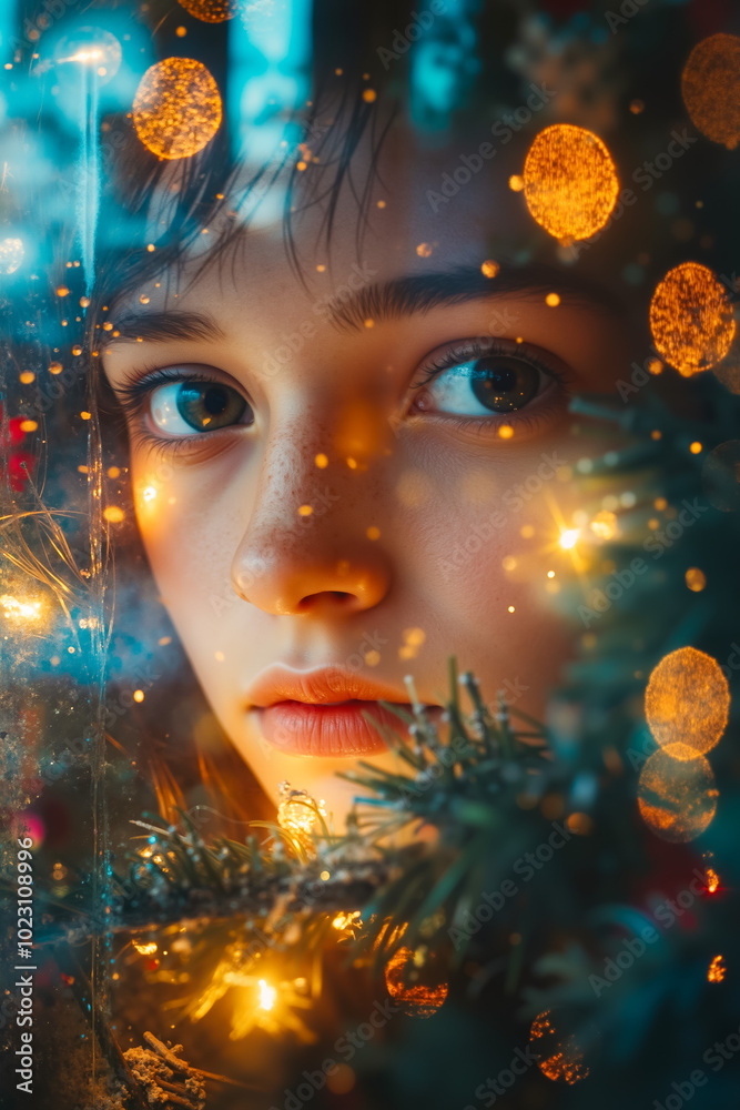 Canvas Prints A young girl looking out of a window at a Christmas tree