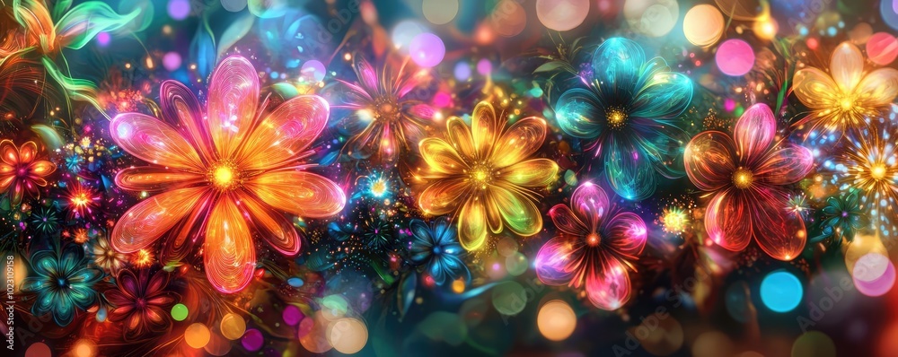 Aufkleber A vibrant array of colorful flowers illuminated with bright lights, creating a magical and enchanting floral display.
