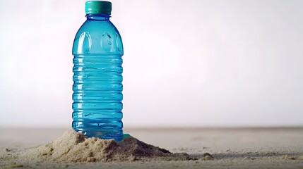 Plastic Bottle on Sandy Beach: A simple yet impactful shot of a plastic water bottle half-buried in beach sand. The white background ensures the bottle stands out, leaving space for an anti-littering 