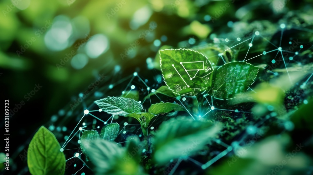 Poster A close-up of lush green leaves with a digital network overlay, symbolizing technology's integration with nature and environmental sustainability.