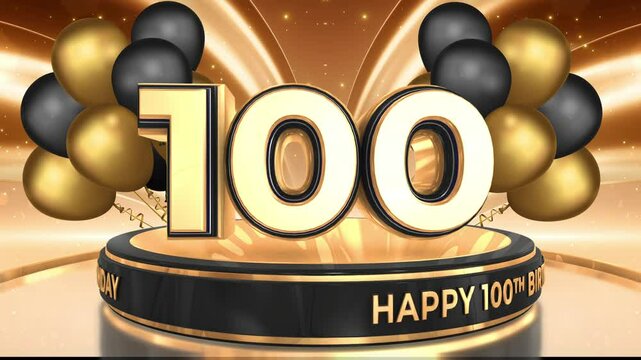 100 years, 100th birthday loop, looped video background, backdrop in 3D Gold with balloons
