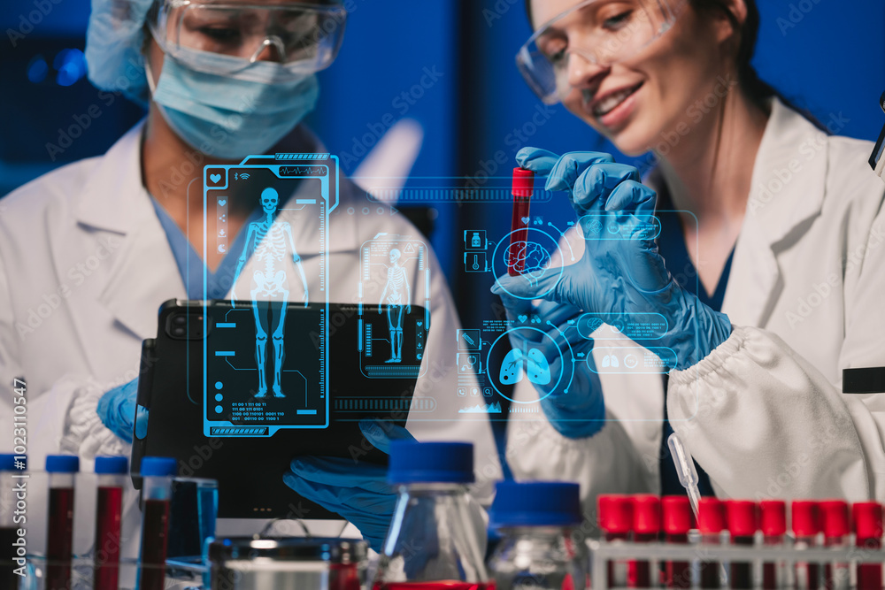 Wall mural team of biochemical research scientists working with a microscope for vaccine development