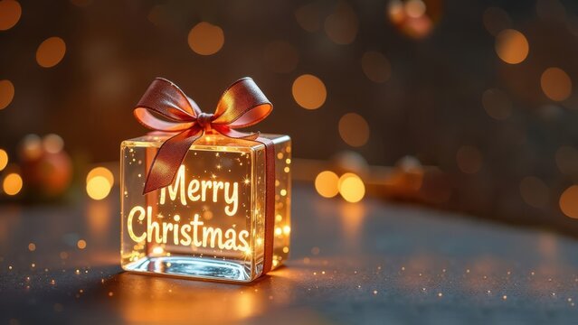 Glass cube gift with a bow glowing for merry christmas with lights in the background
