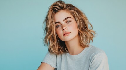 A young woman with wavy hair poses against a soft blue background, showcasing natural beauty and confidence in a casual outfit.