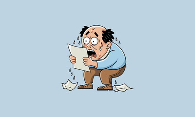 Cartoon man sweating nervously while reading a paper.