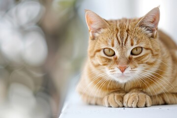 Adorable orange cat resting calmly, showcasing its beautiful fur and expressive eyes in a serene indoor setting.