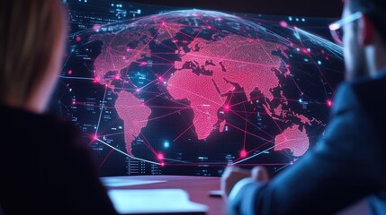 An analytical session featuring a world map with data visuals, emphasizing global connectivity and technology analysis.