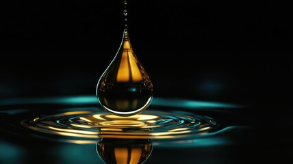 Close-up of droplet creating ripples in dark liquid surface