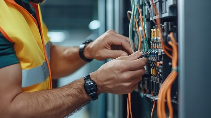 An electrician works meticulously on wiring in a control panel, ensuring safety and functionality in an industrial setting.