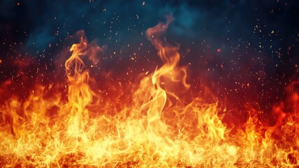 Fototapeta premium Intense fire with vivid flames, glowing embers in dark background