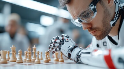 A focused man with a robotic arm and futuristic eyewear concentrates on a chessboard, embodying the union of human intellect and advanced technology.