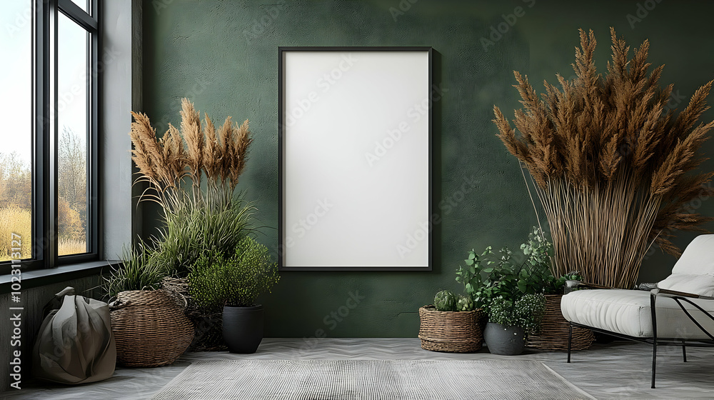 Canvas Prints Minimalist interior with blank frame and decorative plants.