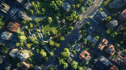 Fototapeta premium A bird-eye view of a well-planned cityscape with spacious parks, clean streets, and neatly arranged buildings harmoniously blending with nature.
