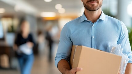 A bearded man in a blue shirt holds a cardboard box in a busy office setting, with blurred colleagues in the background, suggesting a corporate work scene. - Powered by Adobe