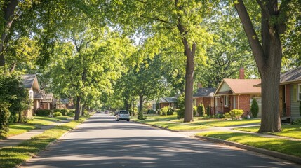 Fototapeta premium A clean, quiet residential street with small homes, trees, and minimal cars, evoking a sense of order, peace, and balance with nature.