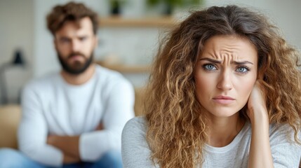 A young woman with curled hair looks distraught while sitting in front of a blurred man in a domestic setting, suggesting a challenging emotional interaction.