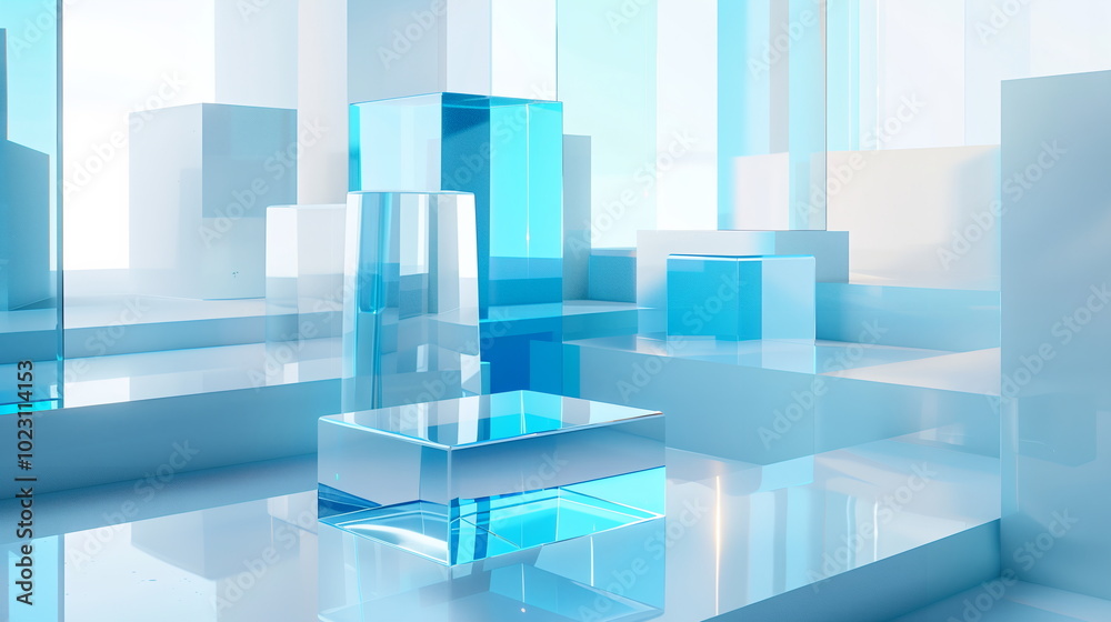 Fototapete Abstract futuristic glass shapes with a holographic effect on a white background, 3D render style. An abstract futuristic style design concept Pieces of ice on a white background