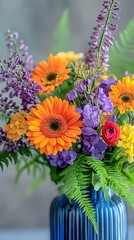 Obraz premium A vibrant bouquet of colorful flowers in an elegant blue glass vase, with bright orange and purple blossoms, green leaves, and yellow daisies