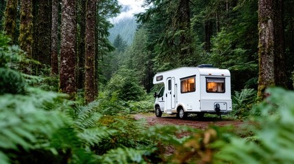 A white camper navigating a serene forest trail, enveloped by lush greenery, representing the heart of travel, leisure and the joy of nature immersion.