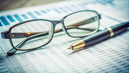 Stimulus impact analysis report with pen and glasses for financial oversight



