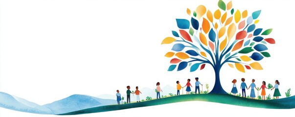 Tree planting event, diverse community, environmental initiative, Watercolor style