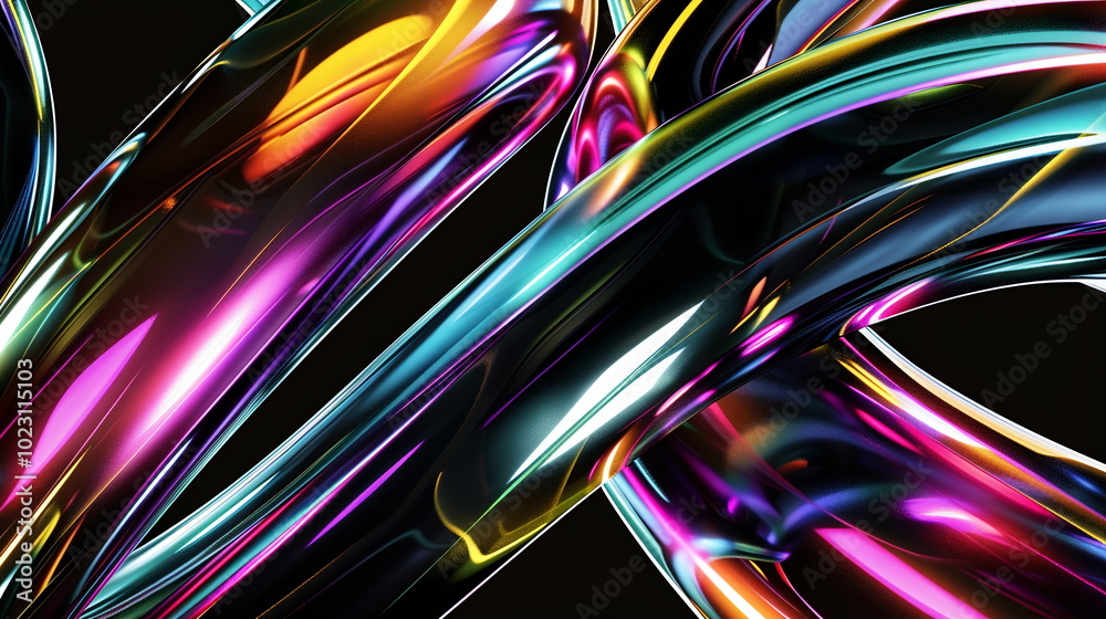 Fototapete Abstract iridescent holographic metal curved lines on black background. Modern 3d rendering illustration of futuristic abstract design with colorful shiny glossy tubes