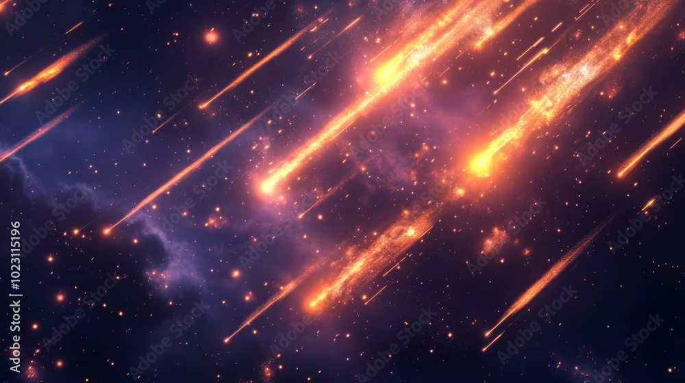 Poster a stunning cosmic scene featuring bright meteors cascading through a starry sky, illuminating the da