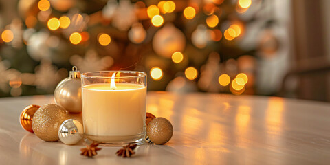 a white candle stands on a table with Christmas tree balls on the background of a Christmas tree