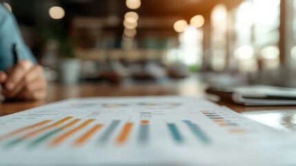 The close-up of financial documents spread on a desk shows various colorful charts and graphs. It reflects the atmosphere of analytical business work environment.