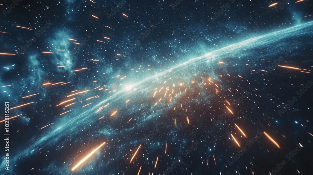 Poster a mesmerizing depiction of a cosmic scene, showcasing a vibrant galaxy filled with bright stars and 