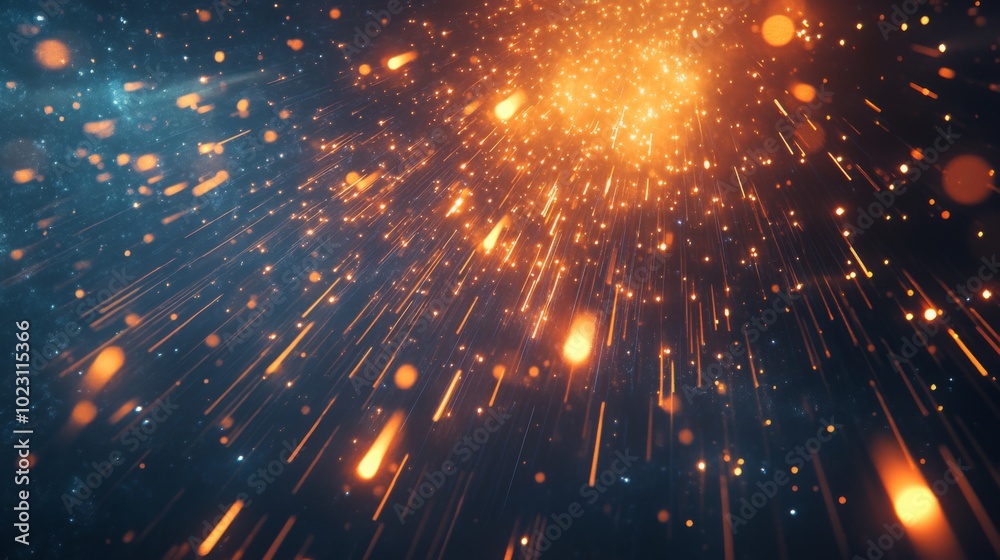 Poster A vibrant display of orange and blue particles radiating outward, creating a dynamic and energetic effect resembling cosmic explosions or fireworks.