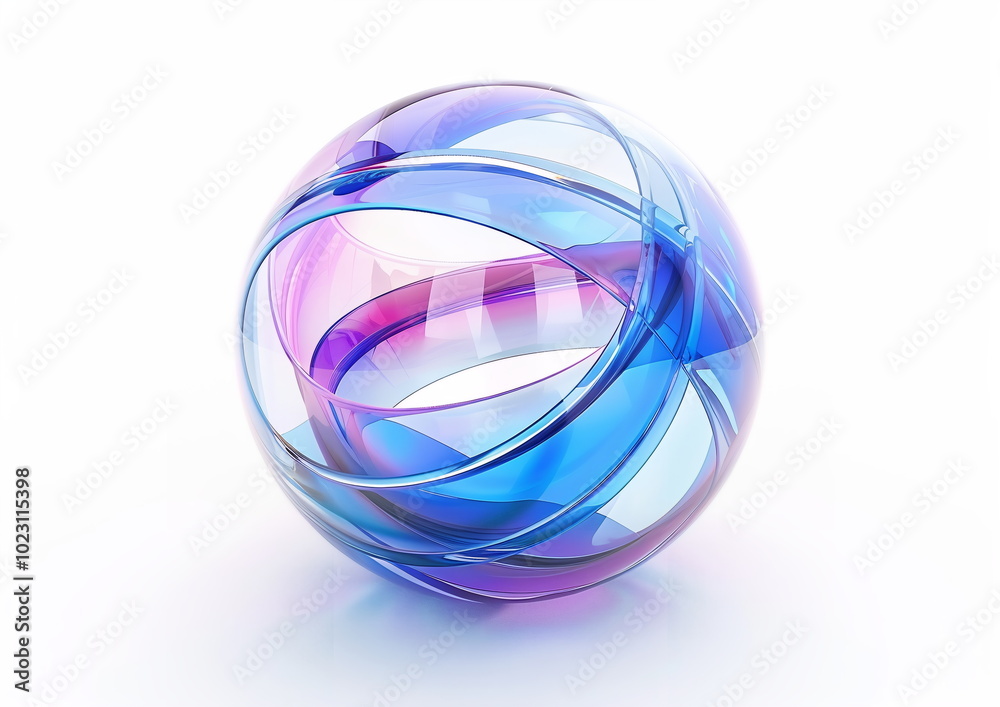 Fototapete abstract transparent glass sphere with blue and purple lines on white background, 3d rendering illus