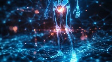 X-ray skeleton standing with a glowing, injured knee, illuminated by neon holographic beams, surrounded by cool blue energy waves. Advanced tech heals the joint pain