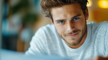 Obraz premium A close-up image shows a young man's confident smile in a warm lit environment, reflecting relaxation, positivity and interpersonal connection.