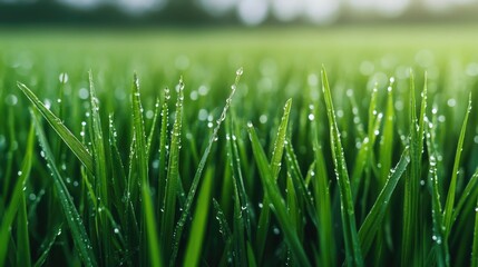 Obraz premium Vibrant Green Grass with Morning Dew Capturing Nature s Freshness and Tranquility in a Serene Landscape