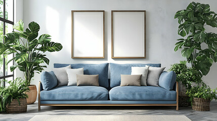 Cozy living room with blue sofa and decorative plants.